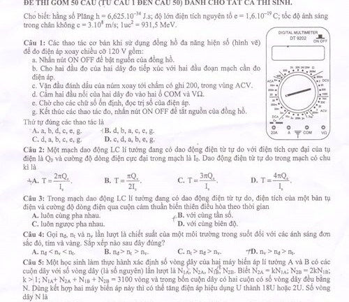 Đáp án đề thi đại học môn Vật lý khối A năm 2014 mã đề 825