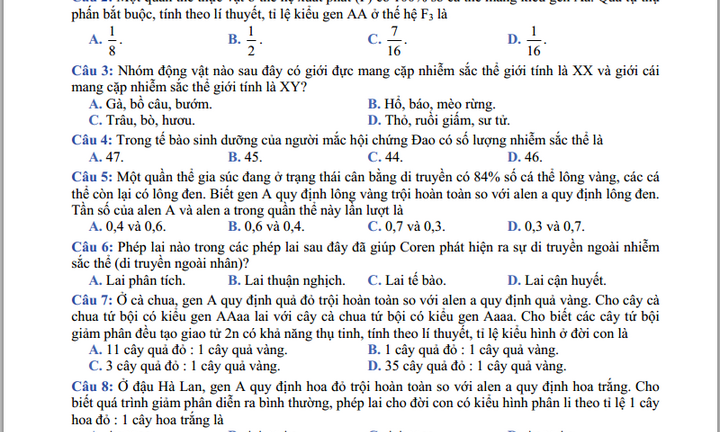 Đề thi đại học môn Sinh học khối B năm 2014