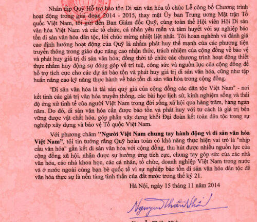 Ông Nguyễn Thiện Nhân chúc mừng Quỹ Hỗ trợ Bảo tồn Di sản VH VN