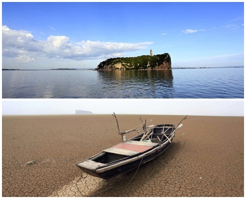 Bất ngờ với hồ nước ngọt lớn nhất Trung Quốc cạn khô sau mùa hạn hán