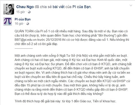 Giáo sư Ngô Bảo Châu ra câu đố toán về tình yêu trên Facebook