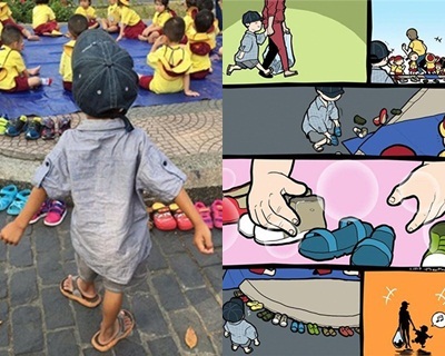Bộ tranh 'em bé nhặt ve chai' xếp dép cho các bạn dã ngoại gây xúc động