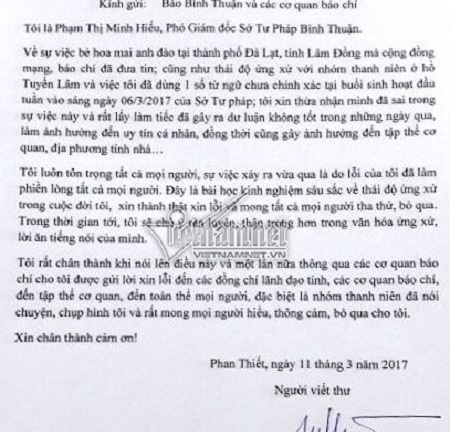 Phó giám đốc sở Tư pháp bẻ hoa anh đào chính thức gửi thư xin lỗi