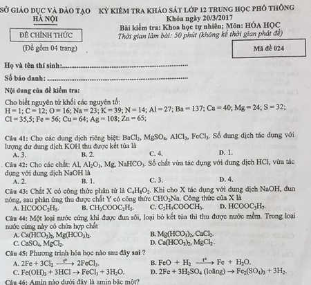 Đề thi thử THPT quốc gia của Sở GD-ĐT Hà Nội lại xảy ra sai sót