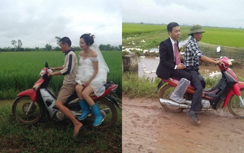 Không cần siêu xe, cô dâu 'xỏ ủng lội bùn' về nhà chồng vẫn tươi cười rạng rỡ