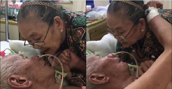 Xúc động hình ảnh cụ bà hôn lên trán vỗ về chồng trên giường bệnh, cụ ông choàng tay ôm vợ lưu luyến