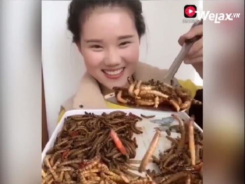 Cô gái trẻ ăn ngon lành cả đống sâu bọ gây sốc