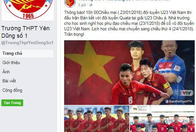 Trường cho học sinh nghỉ học phụ đạo để cổ vũ đội tuyển U23 Việt Nam