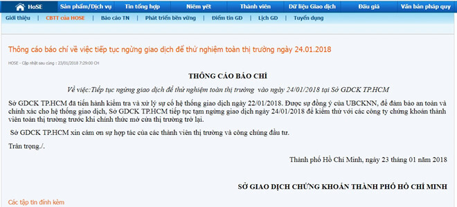 Sàn Chứng khoán TP.HCM tiếp tục ngừng giao dịch ngày 24/1