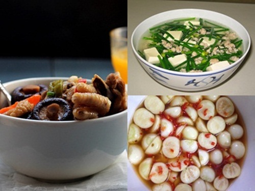 Thịt gà om nấm, canh đậu hũ non nấu hẹ ngọt thanh cho bữa cơm trưa