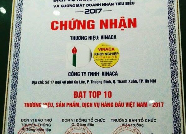 Chứng nhận Vinaca đạt Top 10 Thương hiệu hàng đầu Việt Nam không còn giá trị