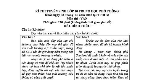 Đáp án, đề thi gợi ý môn Ngữ văn vào lớp 10 ở TP. Hồ Chí Minh