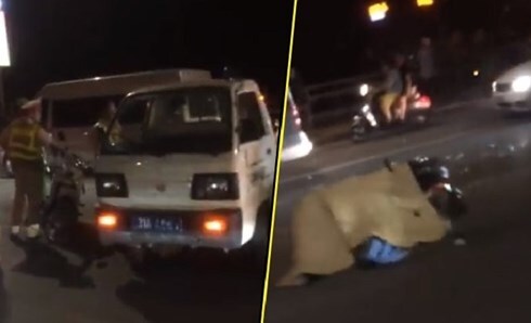 Thanh niên nằm rạp trên xe máy phóng