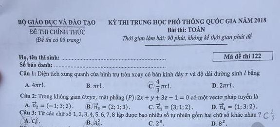 Đáp án, đề thi môn Toán mã đề 122 THPT quốc gia 2018