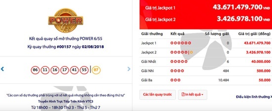 Kết quả xổ số Vietlott ngày 2/8/2018: Jackpot hơn 43 tỷ bị 6 người “đánh rơi”