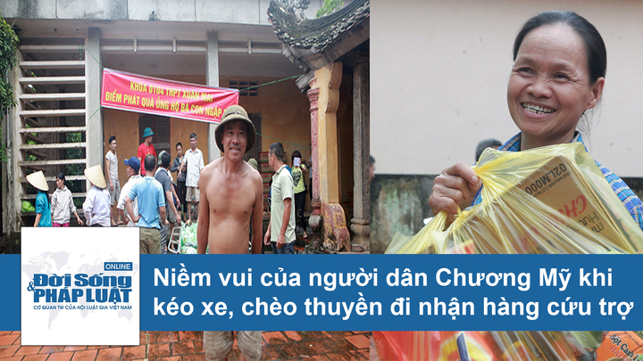 Clip: Người dân Chương Mỹ nô nức chèo thuyền, kéo xe bò đi nhận hàng cứu trợ