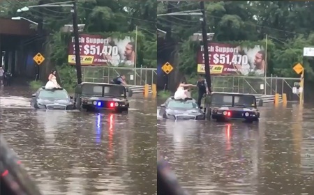 Video: Cô dâu chật vật xách váy trèo ra khỏi xe hoa ngập nước