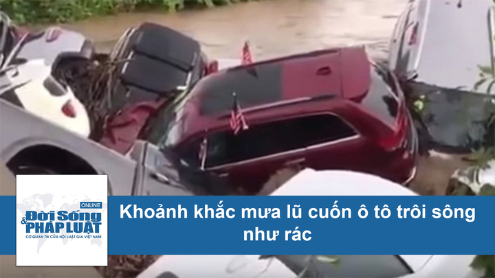 Clip: Khoảng khắc mưa lũ cuốn 42 chiếc ô tô trôi sông như rác