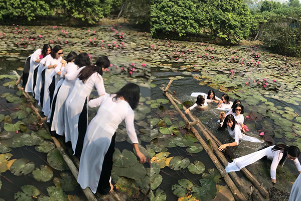 Đi chụp ảnh kỷ yếu, 8 thiếu nũ mặc áo dài thướt tha ngã lộn cổ xuống ao vì “quá nặng”