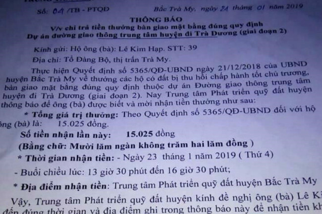 Hộ dân được mời lên nhận thưởng 15.000 đồng ở Quảng Nam
