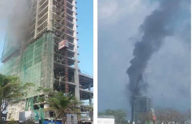 Tòa nhà 18 tầng đang xây bốc cháy, cột khói cao hàng chục mét