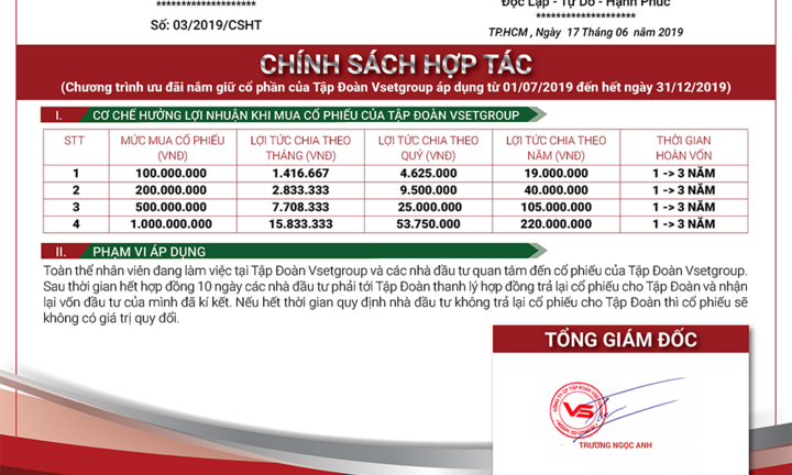 Tập Đoàn Vsetgroup công bố mức trả cổ tức từ tháng 7/2019