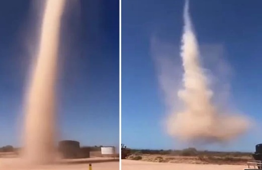Lốc bụi bất ngờ xuất hiện giữa đường đất, bốc cao hàng chục mét 