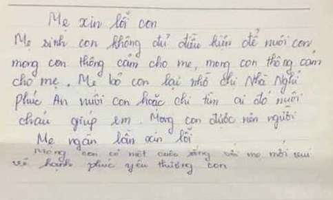 Bức thư để cạnh bé trai sơ sinh bị bỏ rơi trước cổng nhà nghỉ ở Hà Tĩnh viết gì?