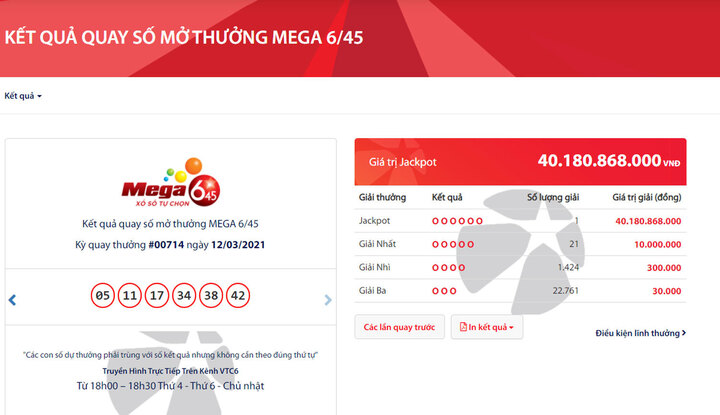 Giải độc đắc Vietlott trị giá 40 tỷ đồng vừa 