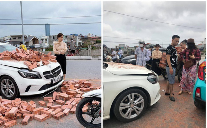 Xe xích lô chở gạch đâm trúng Mercedes, nữ tài xế bất lực nhìn đầu xe biến dạng