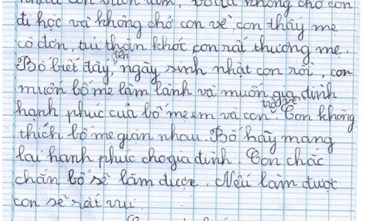 Cảm động bức thư của bé gái tiểu học gửi bố
