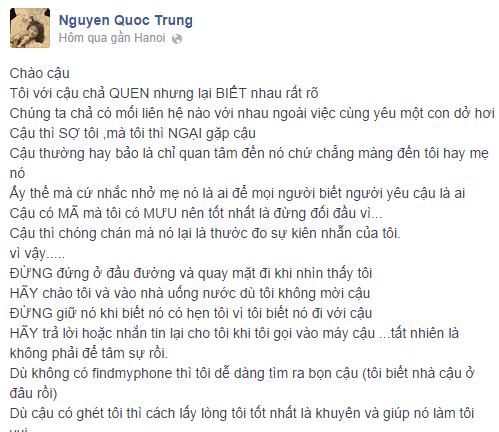Xôn xao bức thư Quốc Trung nhắc nhở người yêu của con gái 