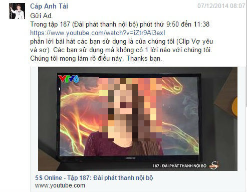 Cáp Anh Tài “tố” 5s Online sử dụng lời bài hát không xin phép trên VTV