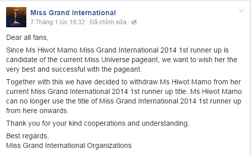Tự ý tham gia Hoa hậu hoàn vũ, Á hậu 1 Miss Grand International bị truất ngôi
