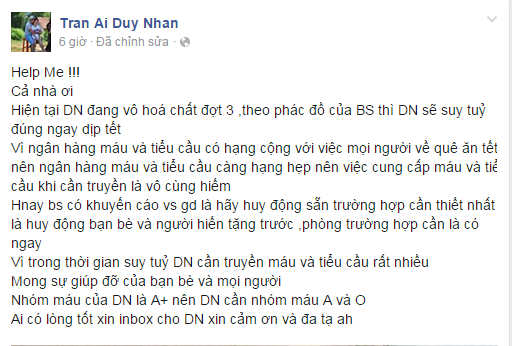 Siêu mẫu Duy Nhân nhờ mọi người hiến máu để điều trị ung thư