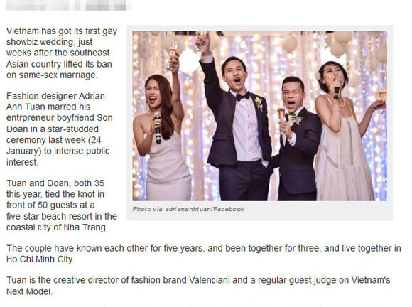 Đám cưới đồng giới của NTK Adrian Anh Tuấn được lên báo nước ngoài