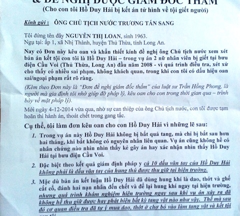 Mẹ tử tù Hồ Duy Hải nêu 5 vấn đề cần làm rõ