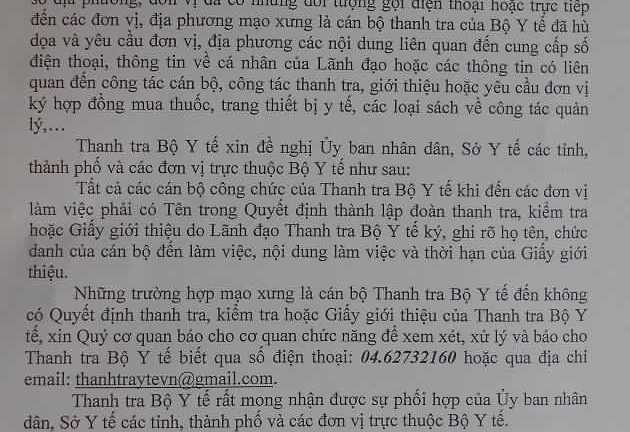 Bộ Y tế cảnh báo đối tượng giả danh thanh tra bộ lừa đảo