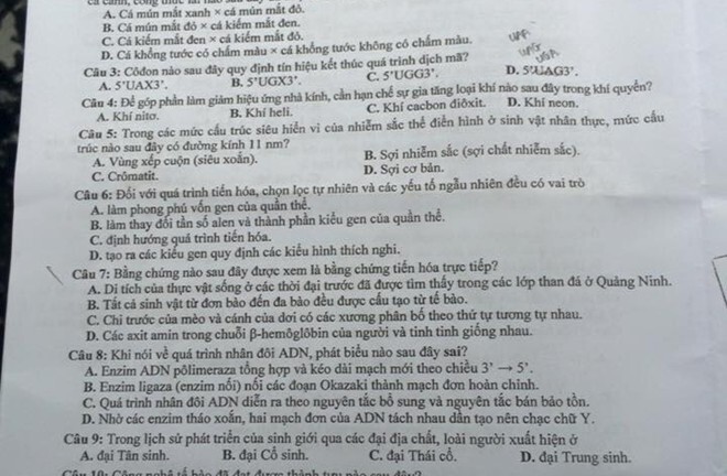 Đề thi môn Sinh học tốt nghiệp THPT quốc gia năm 2015