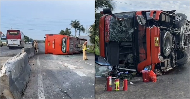 Xe khách chở 30 người bị lật trên quốc lộ 1, nhiều hành khách bị thương
