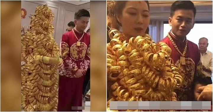 Xôn xao hình ảnh cô dâu đeo vàng phủ kín từ đầu đến chân, không nhìn thấy đường đi