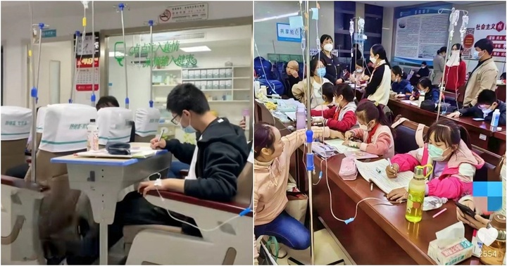 Dịch cúm bùng phát, học sinh Trung Quốc vừa truyền nước vừa làm bài tập về nhà trong bệnh viện