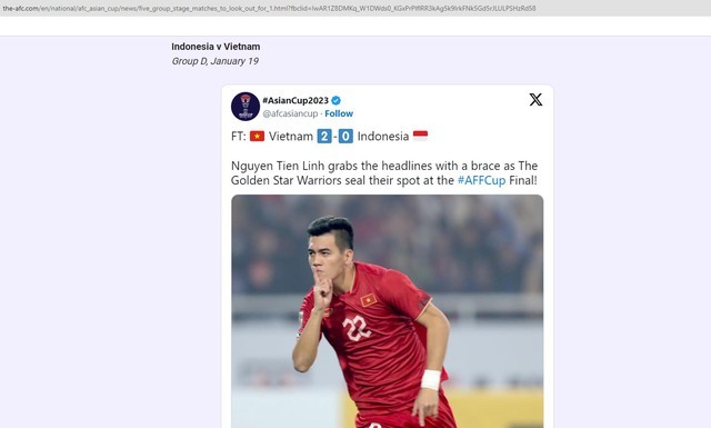 Trận đấu giữa Việt Nam - Indonesia lọt top 5 trận đáng xem nhất vòng bảng Asian Cup 2023