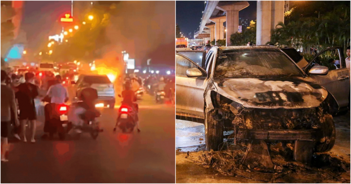 Ô tô Santa Fe bất ngờ bốc cháy ngùn ngụt trên đường phố Hà Nội