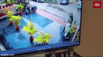 Video: Bị hai con chó hoang đuổi theo, hai mẹ con vặn ga lao thẳng vào nhà dân