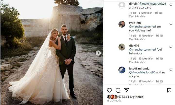 MU bị chỉ trích sau khi chúc mừng đám cưới của De Gea