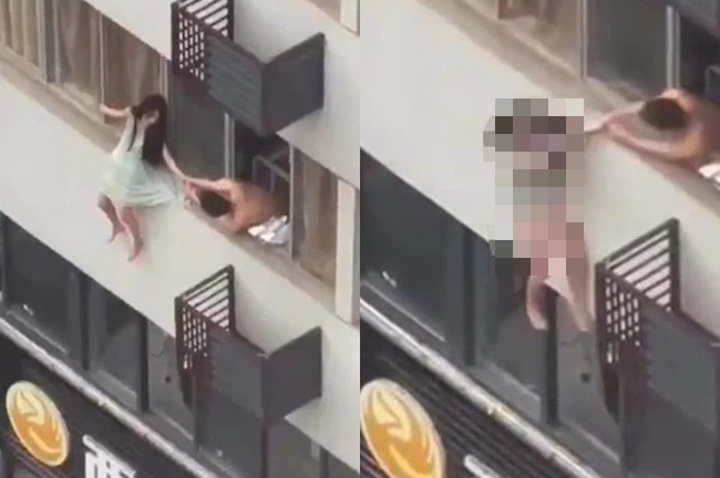 Cô gái ngồi vắt vẻo trên bệ cửa sổ tầng 4, bất cẩn rơi thẳng xuống dưới khiến ai nấy hoảng hồn