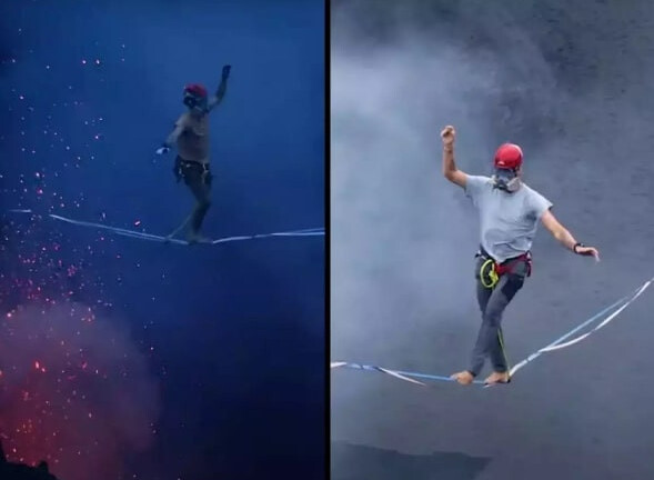 Hai người đàn ông mạo hiểm đi thăng bằng trên dây qua miệng núi lửa đang hoạt động