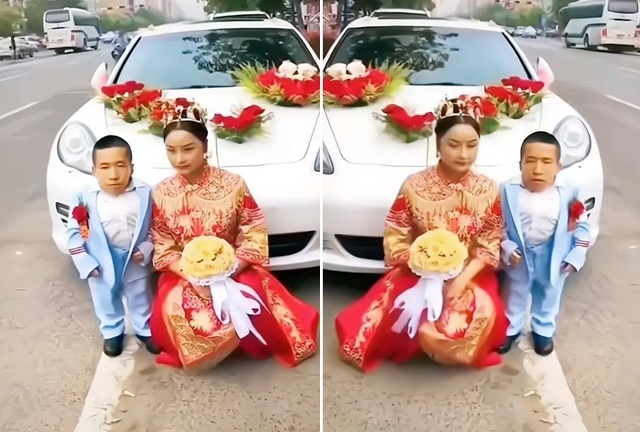 Dân tình xôn xao khi cô dâu ngồi xổm vẫn cao hơn chú rể nửa cái đầu