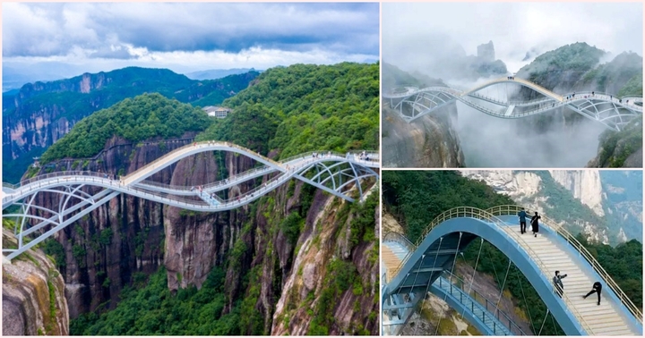 Độc đáo cầu kính dài 100m uốn lượn giữa trời mây tại Trung Quốc